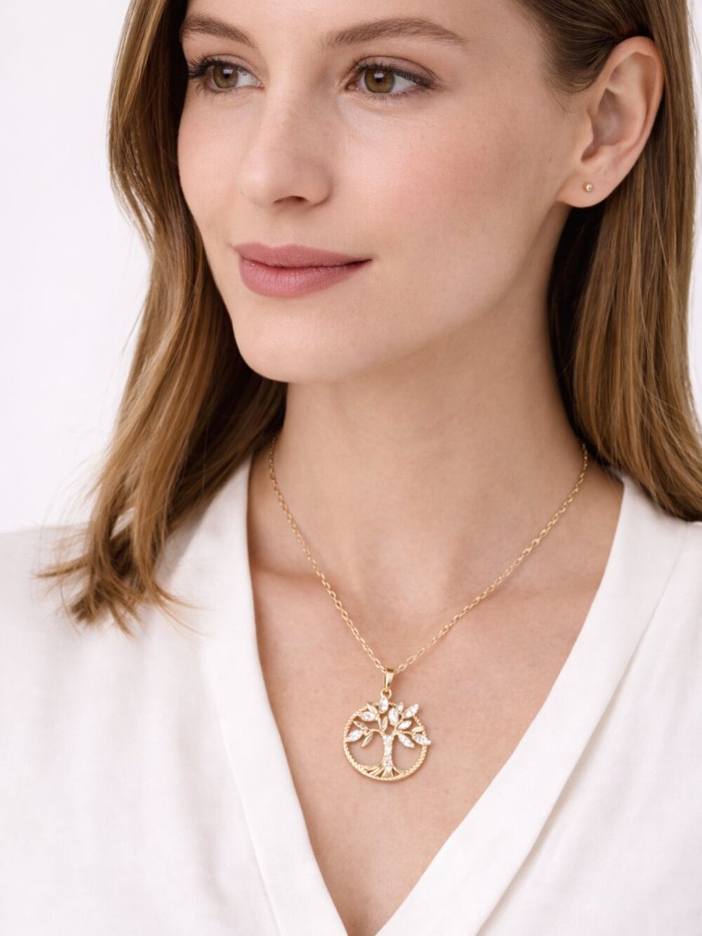Tree of Life Pendant Necklace White Rhinestones Gold Tone Adjustable 22" New